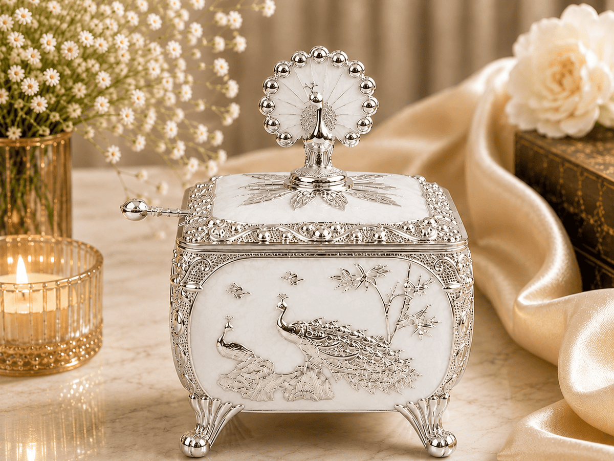 Cube Sugar Pot with Peacock on Top