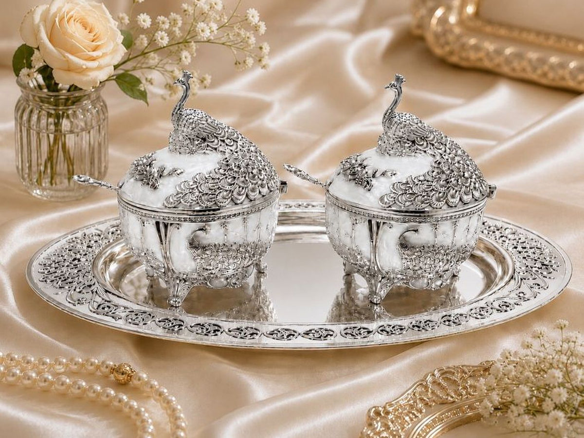 Round Sugar Pot with Peacock on Top Set