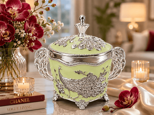 Silver Enamel Peacock Jar