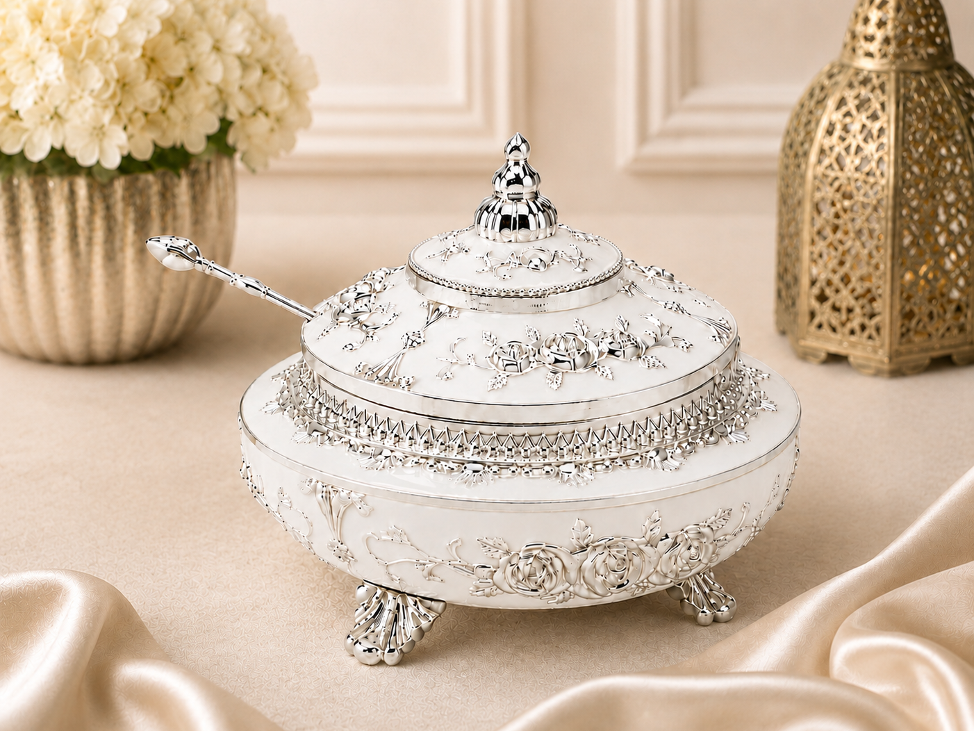 Beautifully Carved Round Sugar Pot
