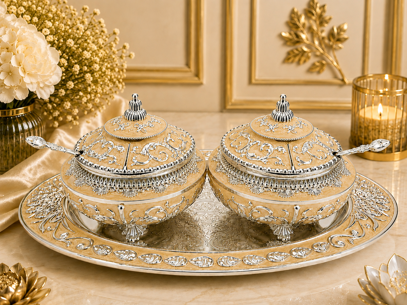 Beautifully Carved Sugar Pot Set