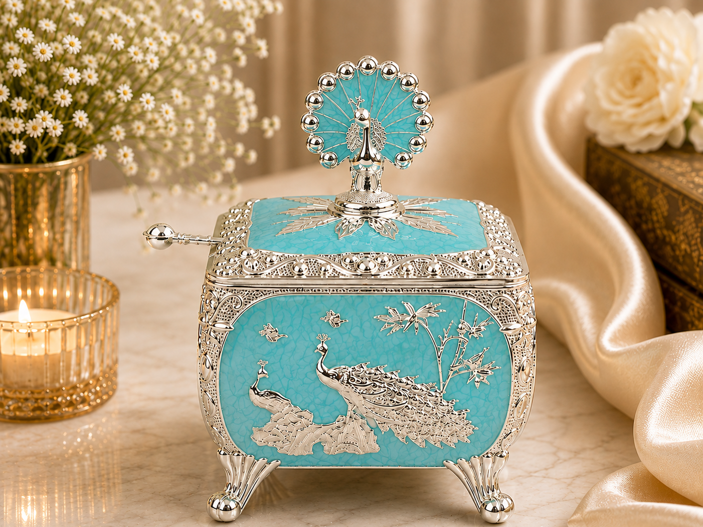 Cube Sugar Pot with Peacock on Top