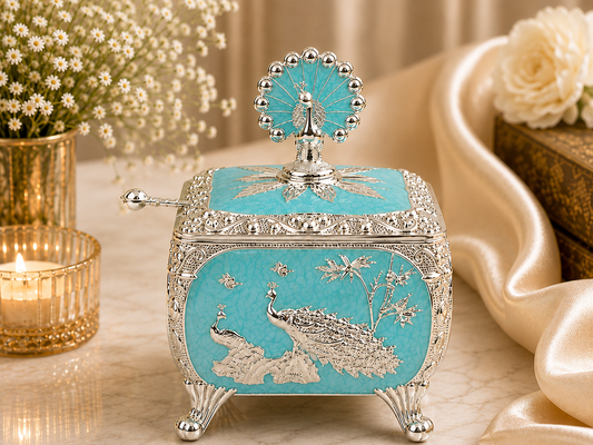 Cube Sugar Pot with Peacock on Top
