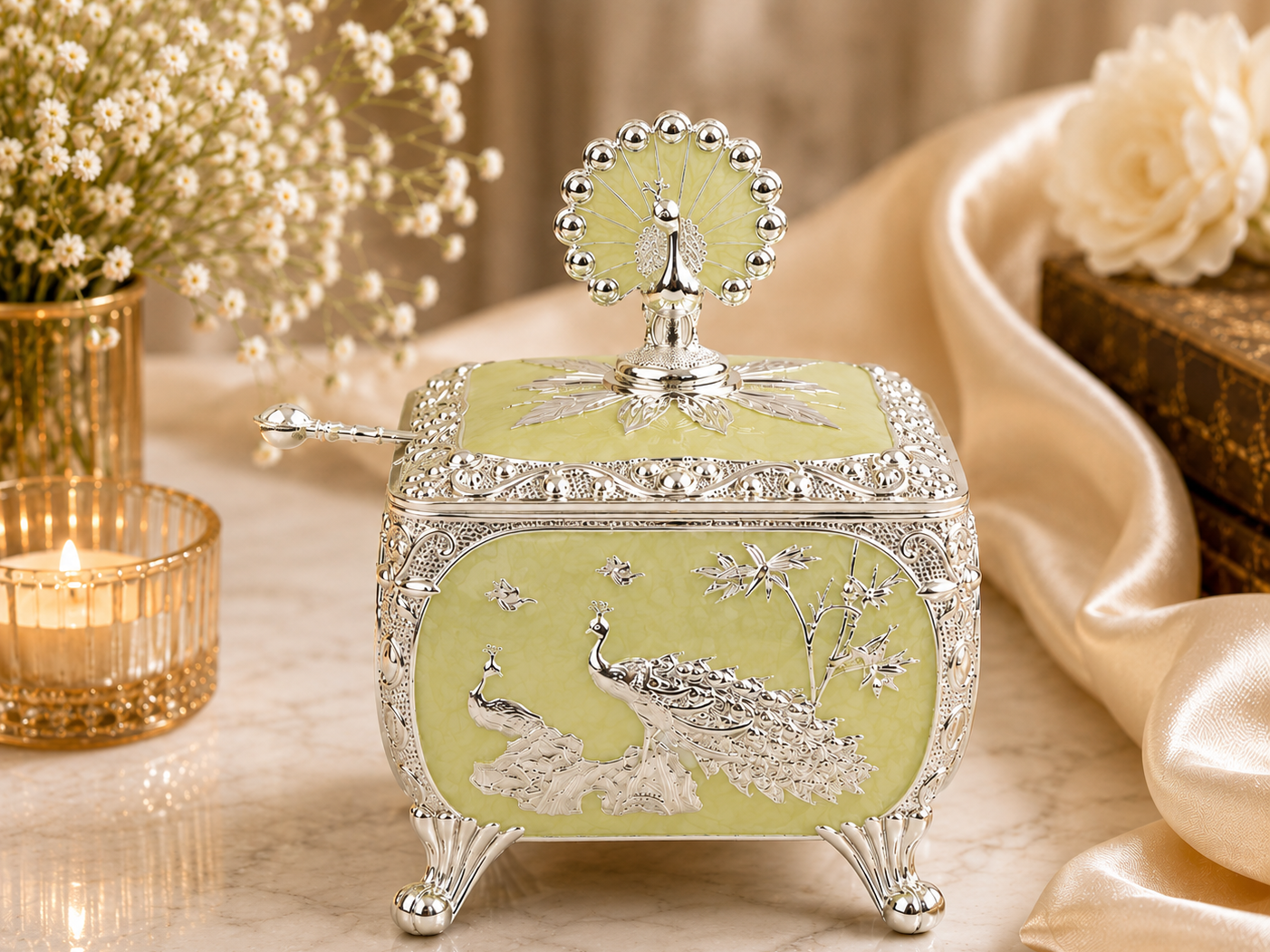 Cube Sugar Pot with Peacock on Top