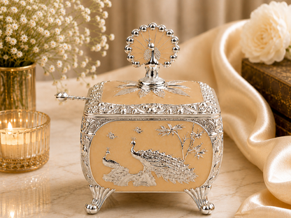 Cube Sugar Pot with Peacock on Top