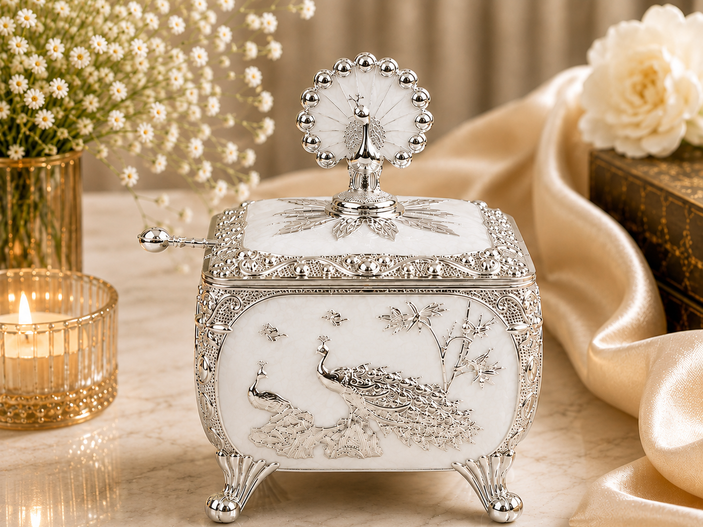 Cube Sugar Pot with Peacock on Top