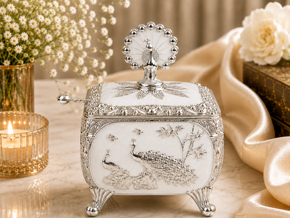 Cube Sugar Pot with Peacock on Top