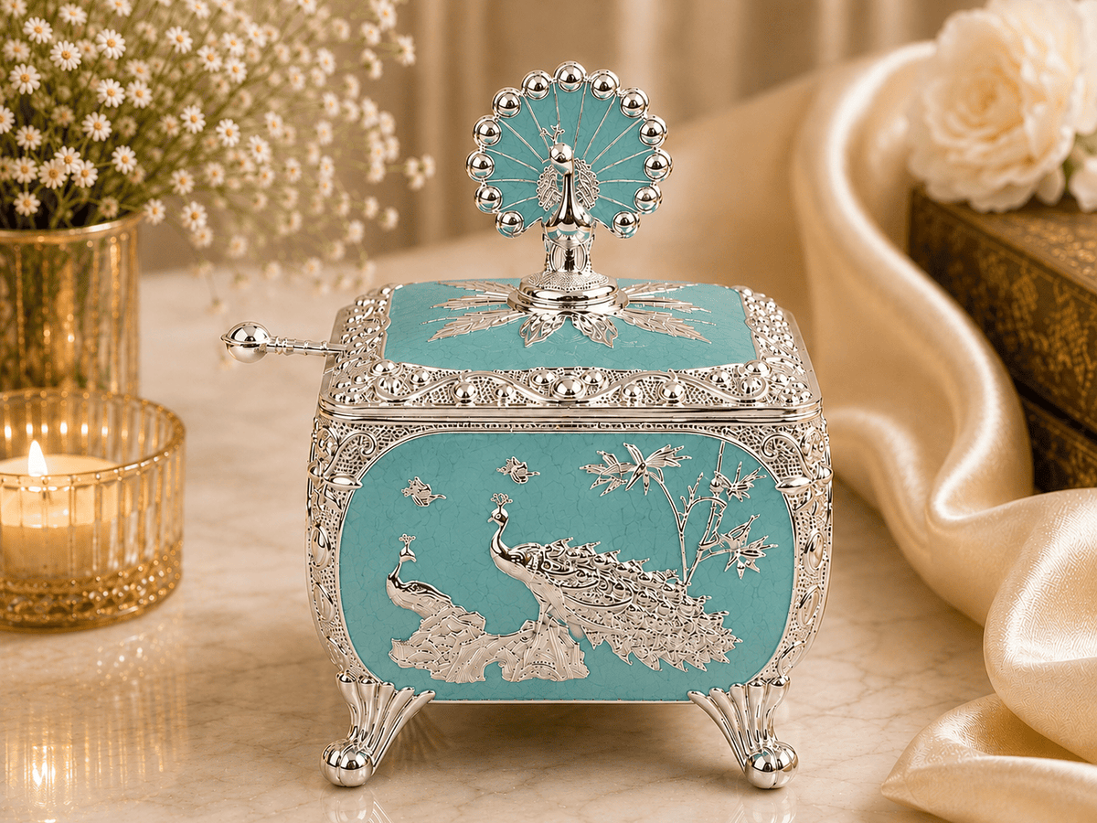 Cube Sugar Pot with Peacock on Top