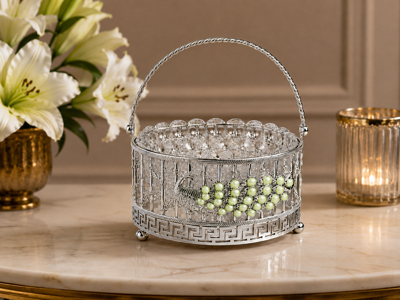 Peacock Glass Bowl with Handle