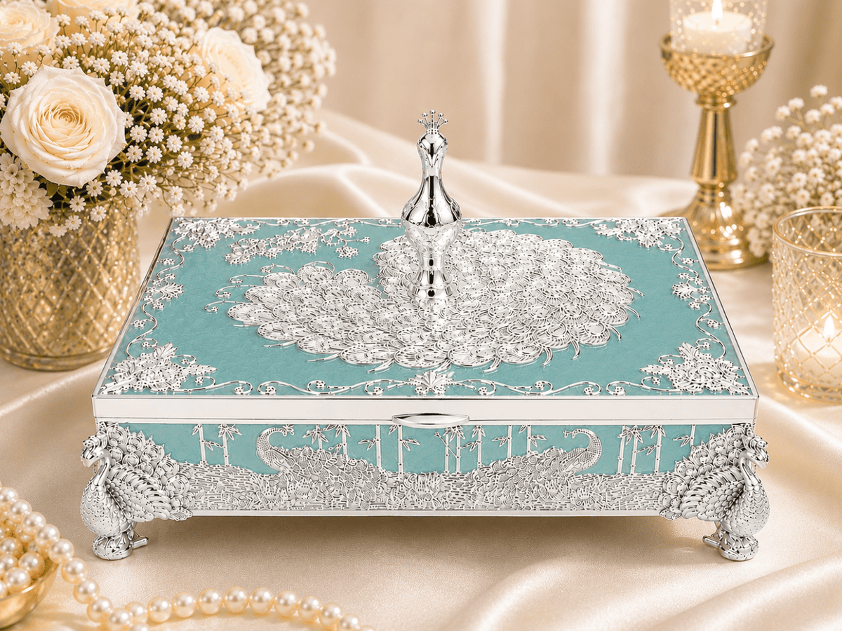 Peacock Rectangle Enamel Dry Fruit Box