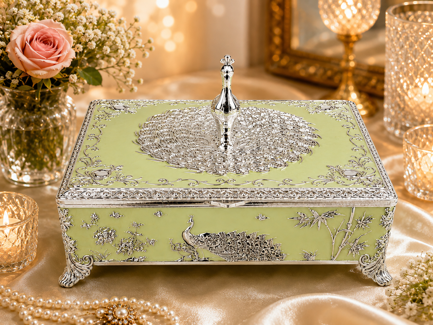 Peacock Rectangle Enamel Dry Fruit Box