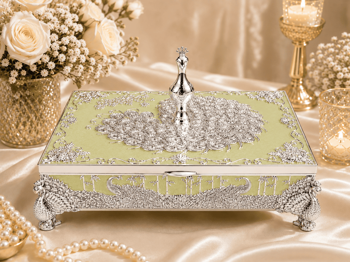 Peacock Rectangle Enamel Dry Fruit Box
