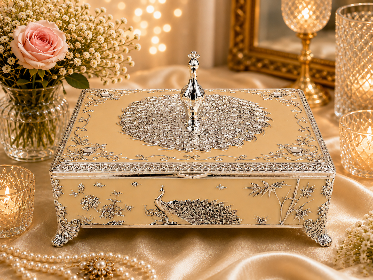 Peacock Rectangle Enamel Dry Fruit Box