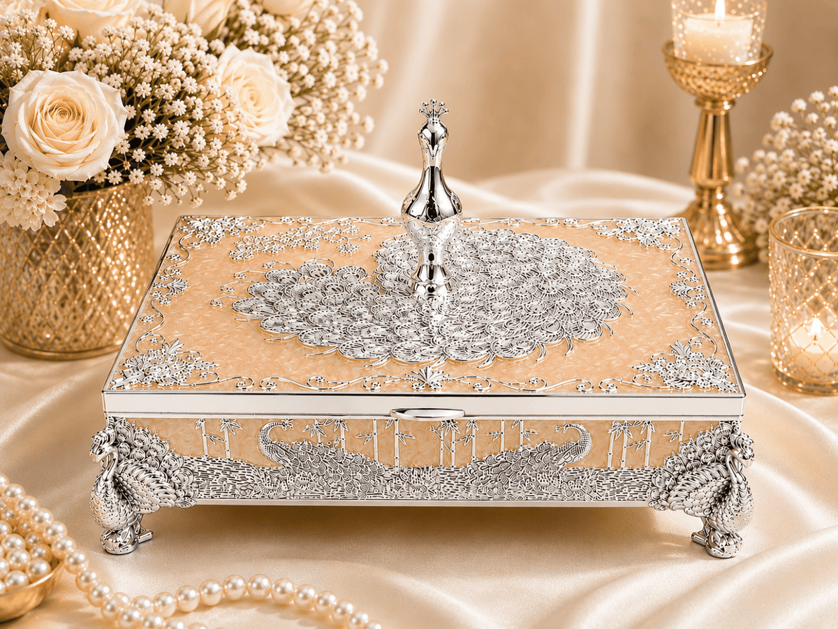 Peacock Rectangle Enamel Dry Fruit Box