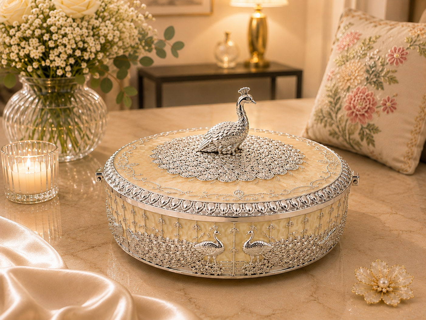 Peacock Round Enamel Dry Fruit Box