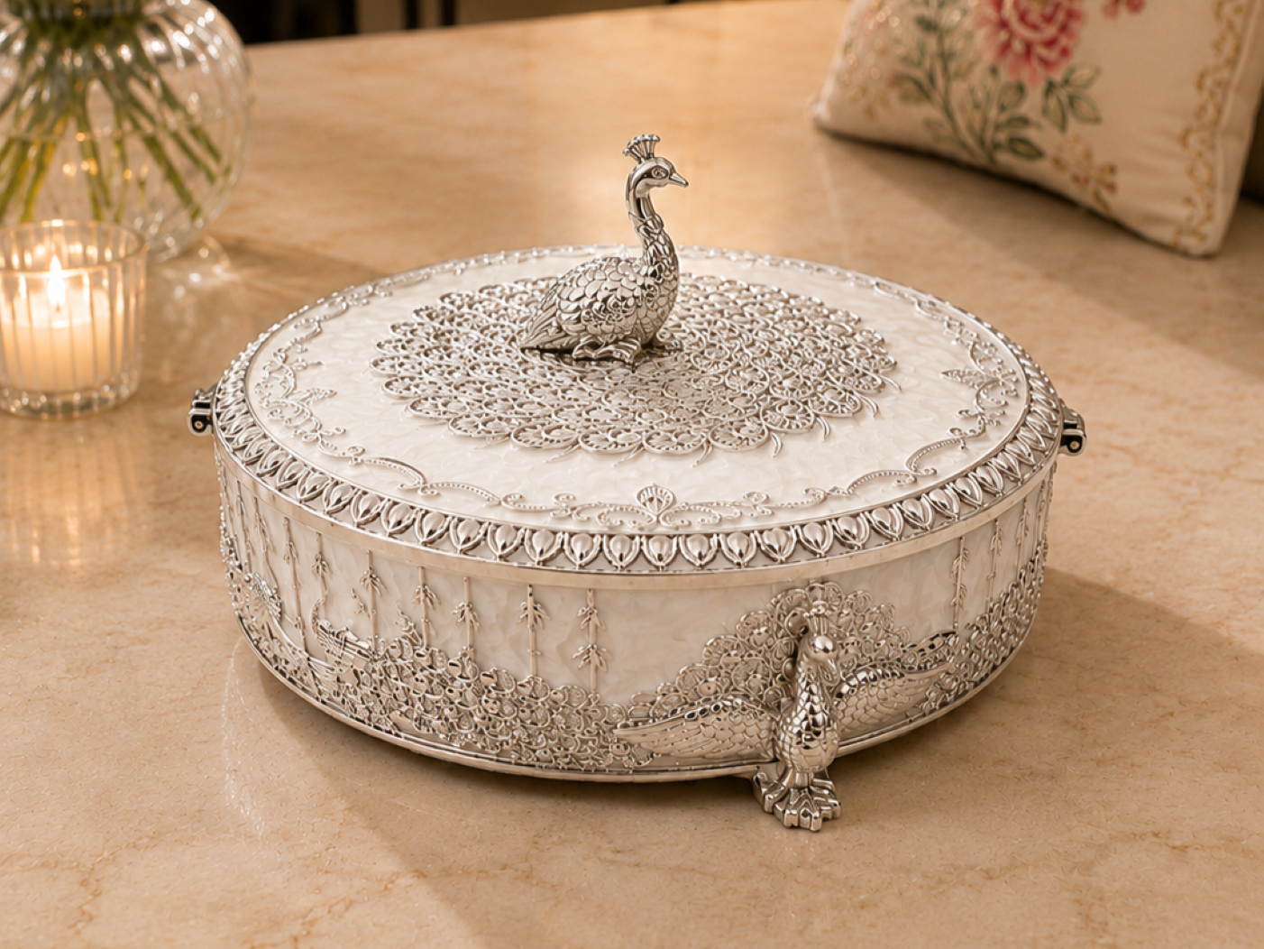 Peacock Round Enamel Dry Fruit Box