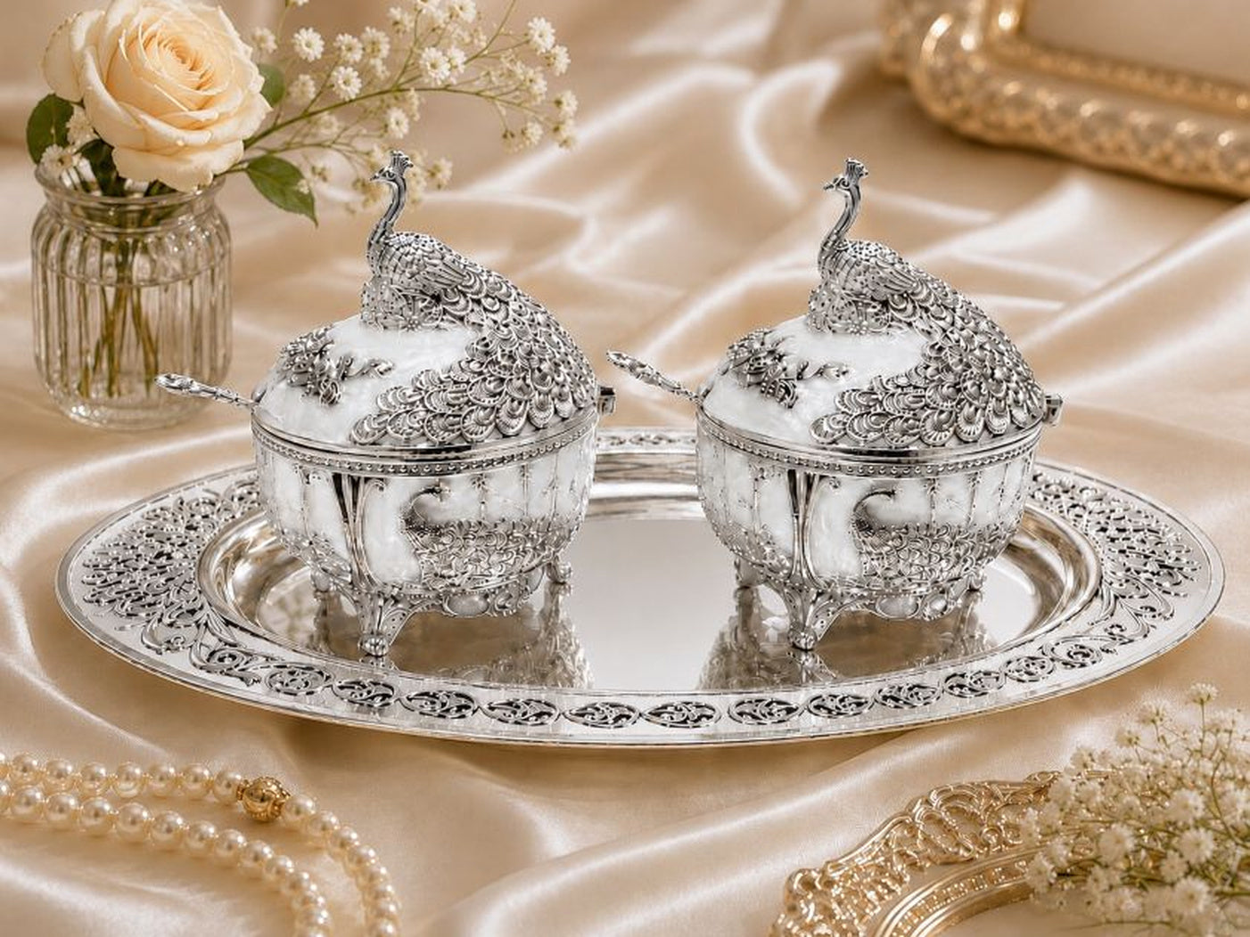 Round Sugar Pot with Peacock on Top Set