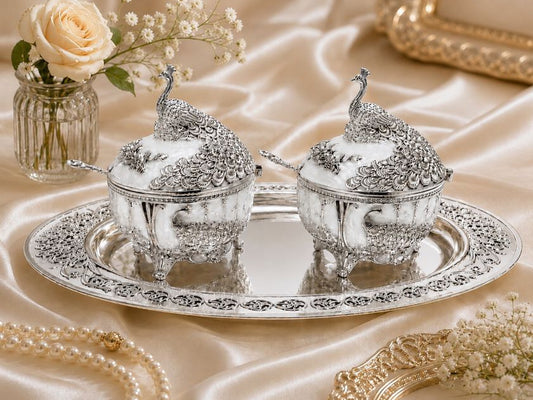 Round Sugar Pot with Peacock on Top Set