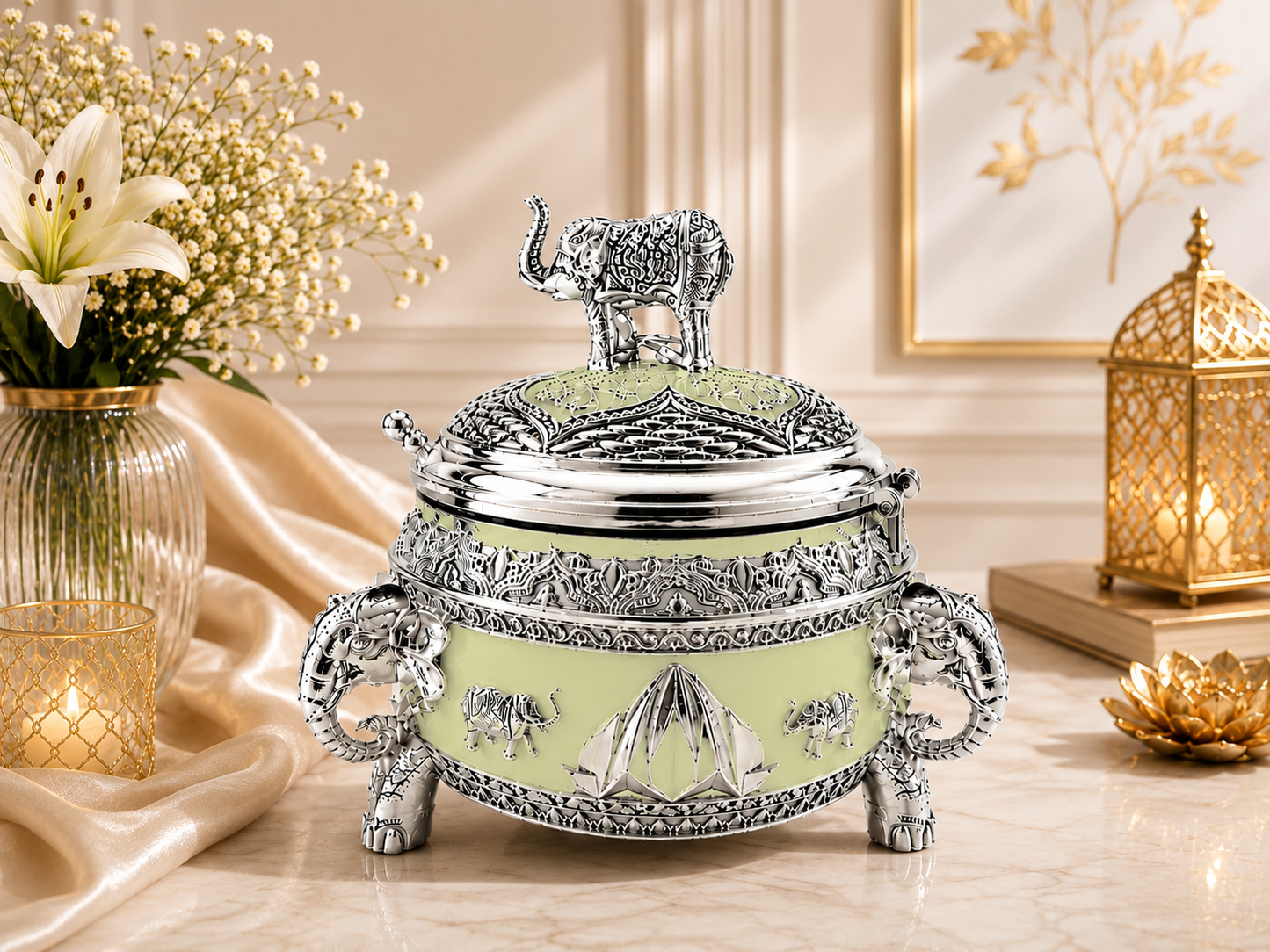 Round Sugar Pot with Elephant on Top