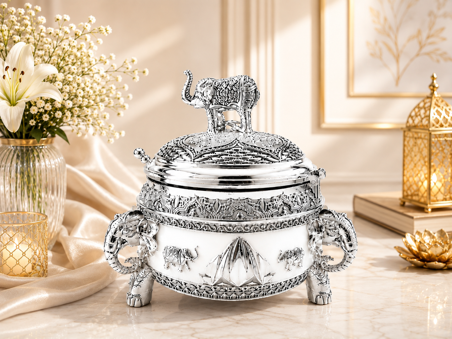 Round Sugar Pot with Elephant on Top