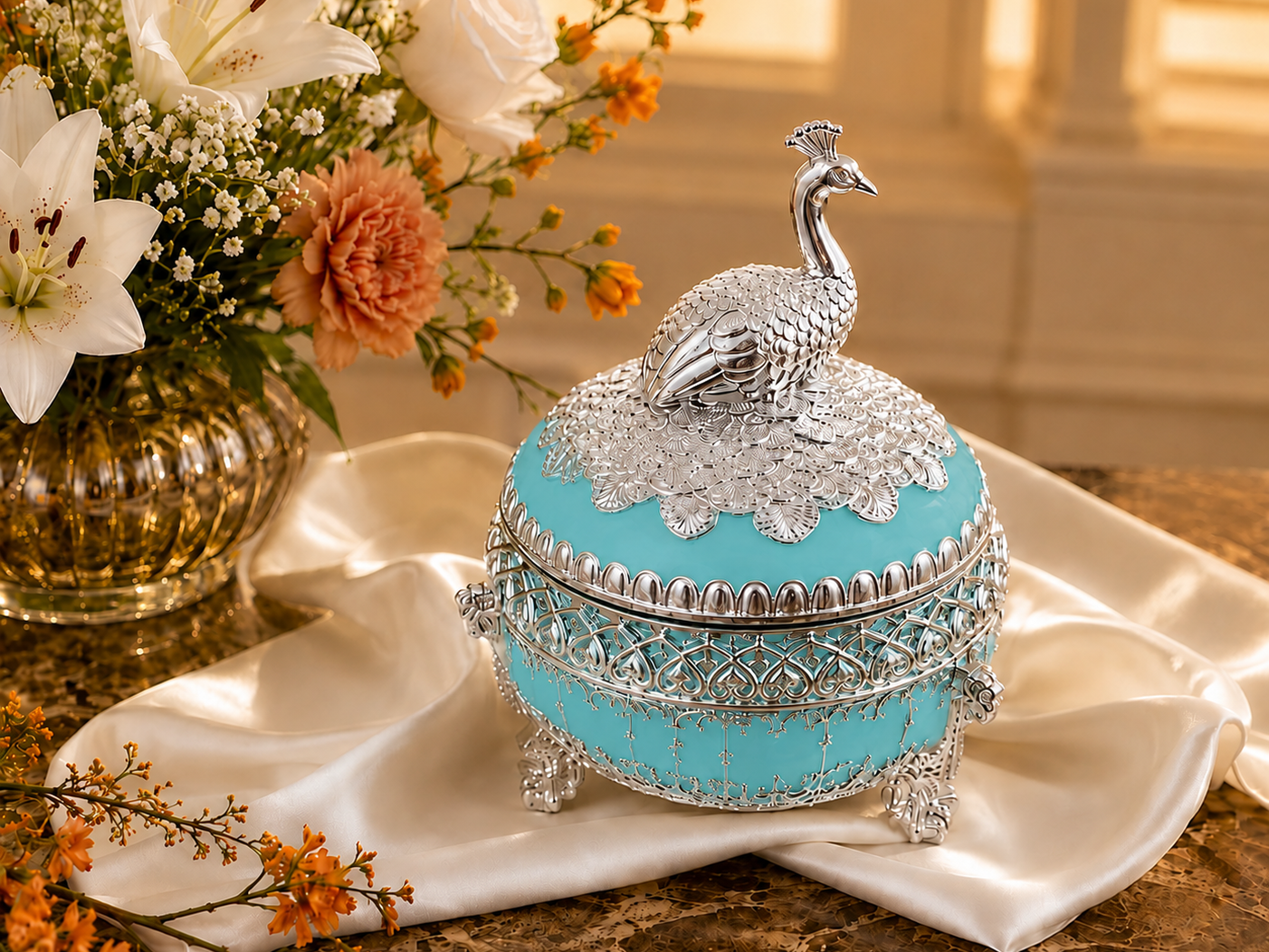 Round Sugar Pot with Peacock on Top
