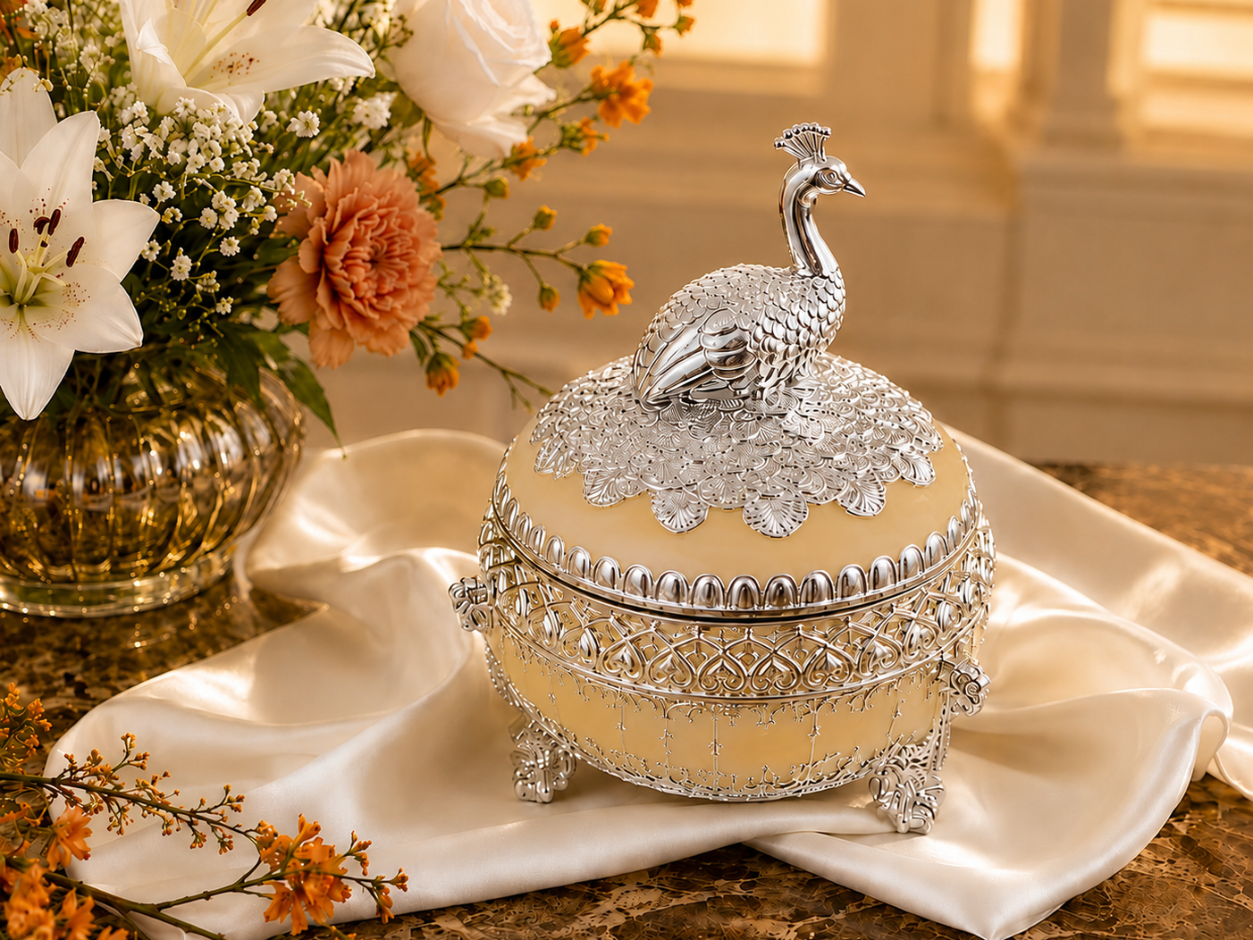 Round Sugar Pot with Peacock on Top