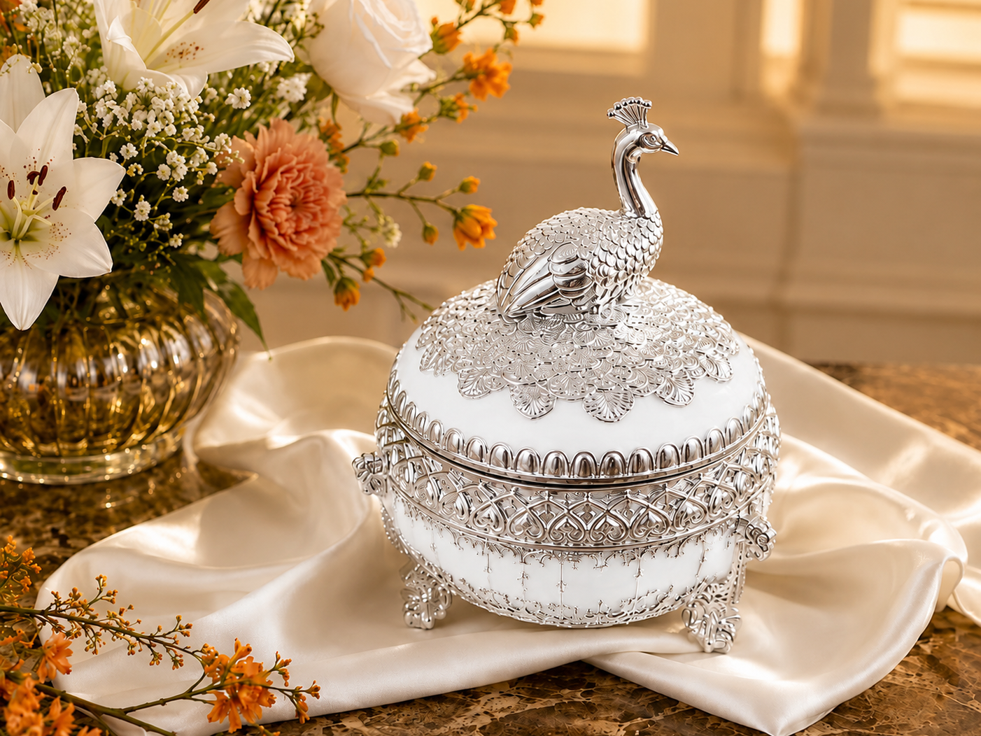 Round Sugar Pot with Peacock on Top