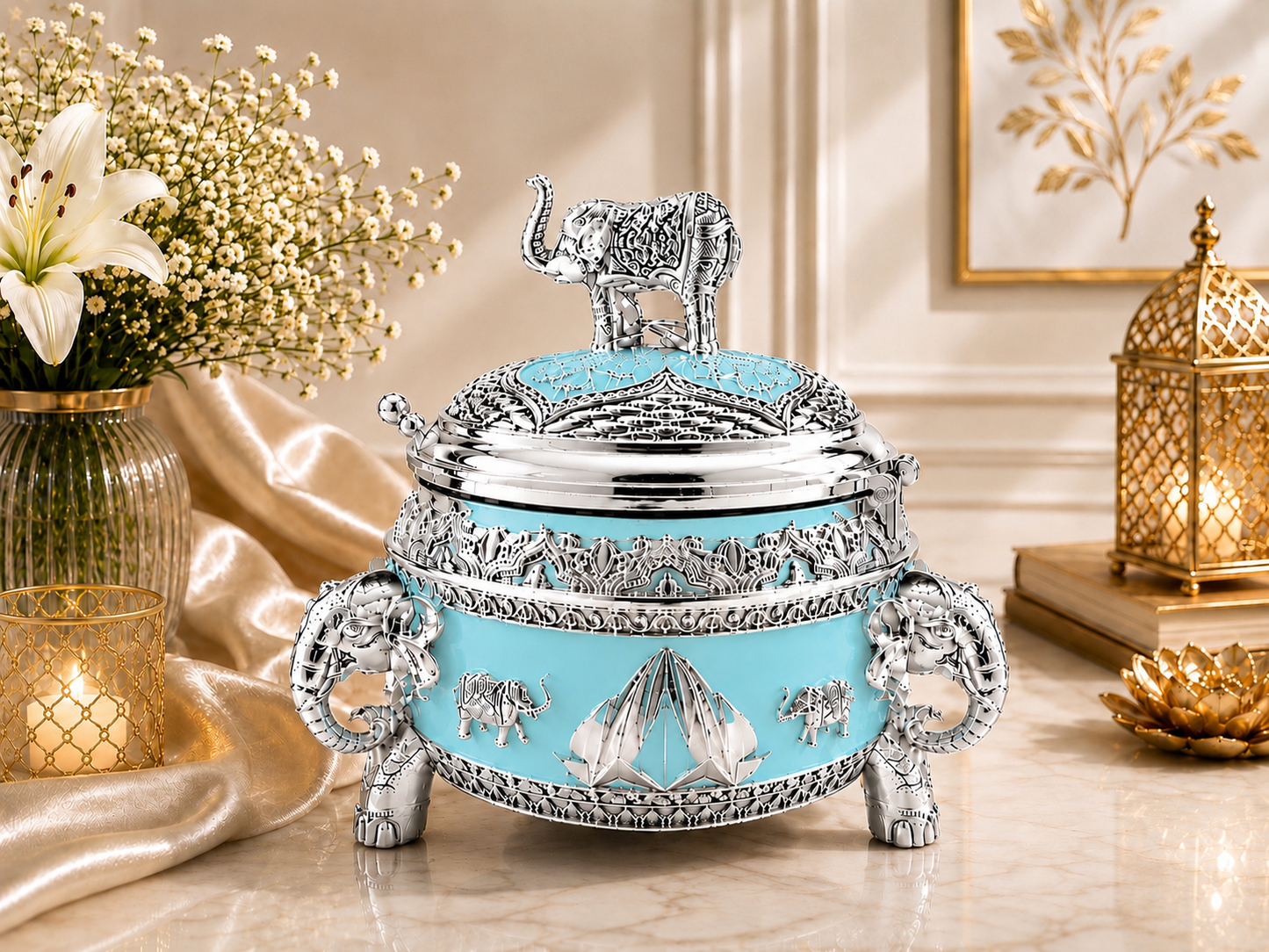 Round Sugar Pot with Elephant on Top