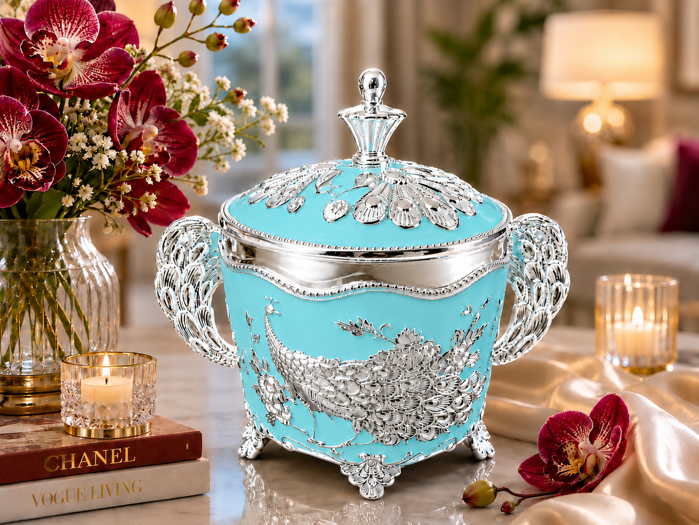 Silver Enamel Peacock Jar