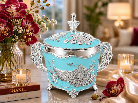 Silver Enamel Peacock Jar