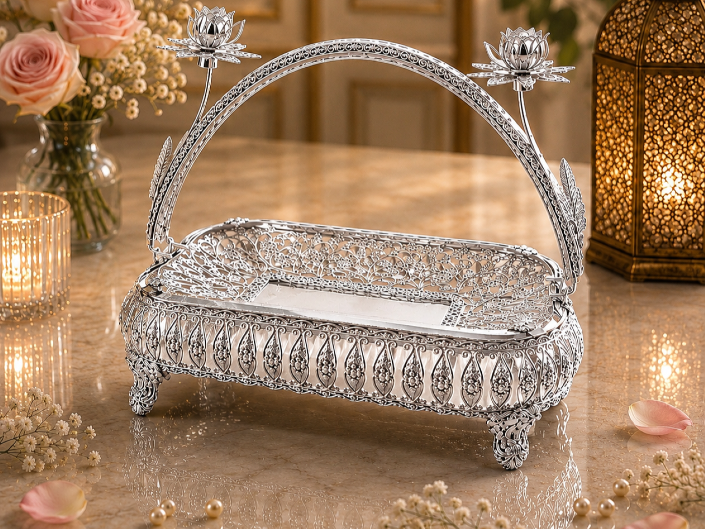 Silver Glass Platter with Handle and Flowers