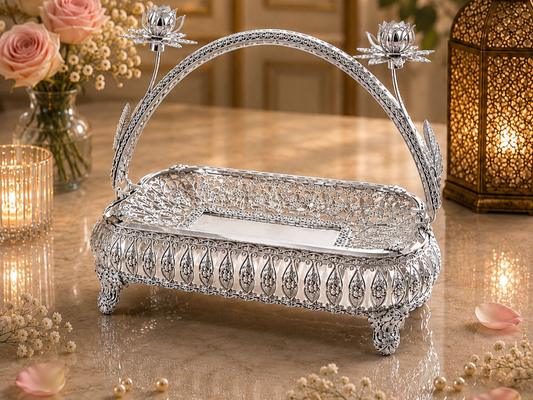 Silver Glass Platter with Handle and Flowers